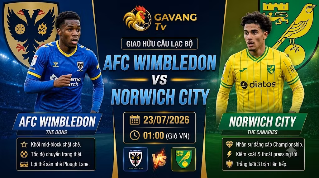Ảnh bìa nhận định trận đấu AFC Wimbledon vs Norwich City lúc 01h00 ngày 23/07/2026 trên Gavang TV