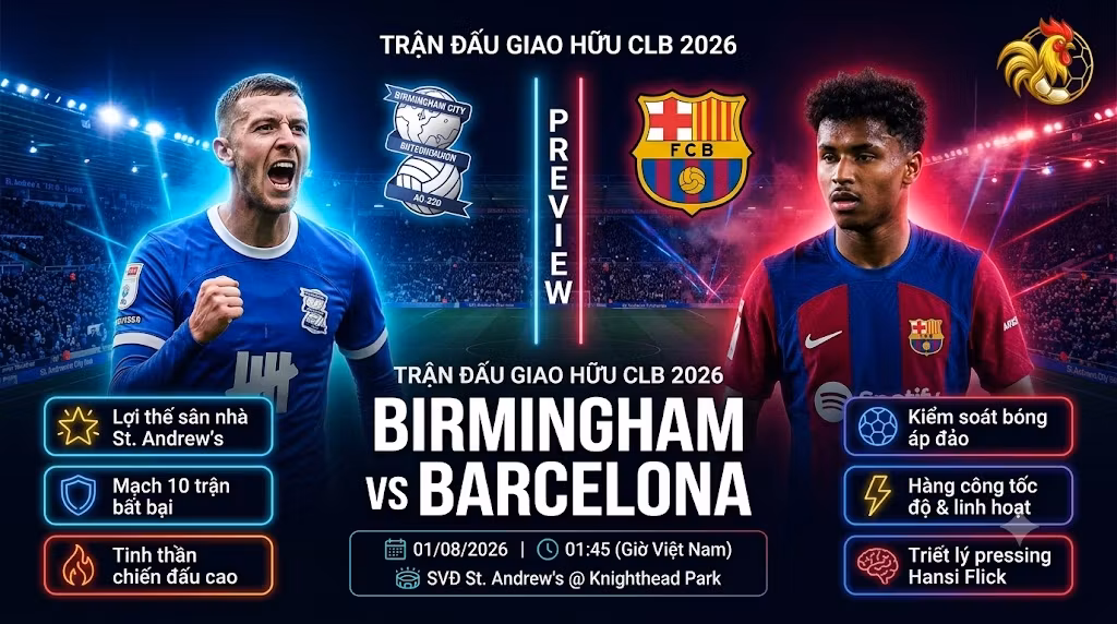 Ảnh bìa nhận định trận đấu Birmingham vs Barcelona, giao hữu CLB lúc 01h45 ngày 01/08/2026, so sánh điểm mạnh giữa hai đội bóng.