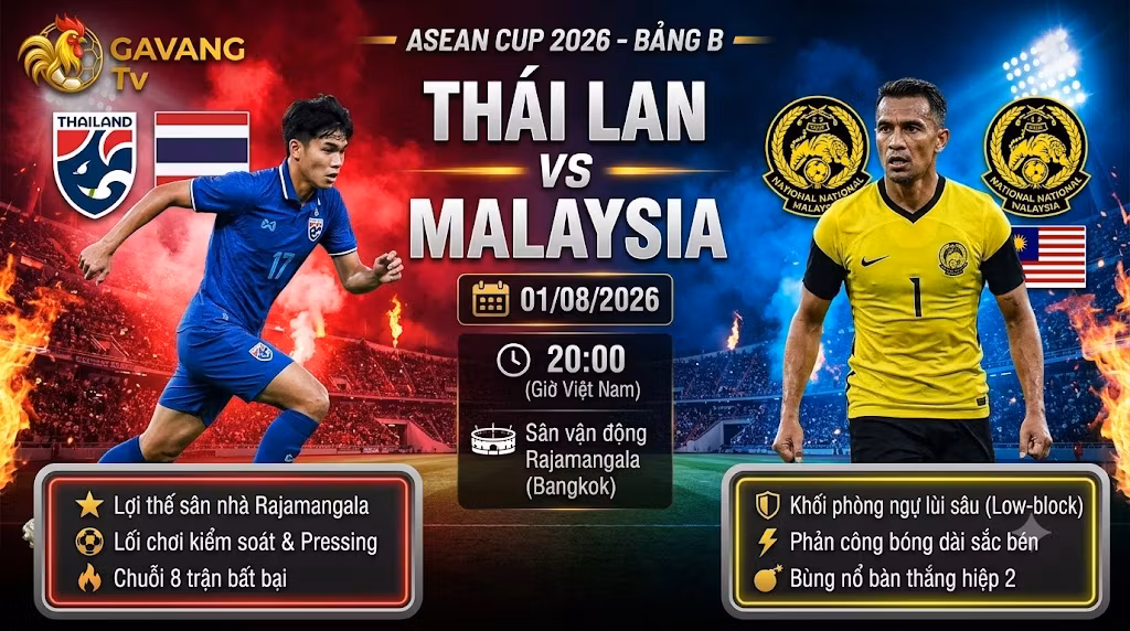 Nhận định và xem trực tiếp bóng đá trận Thái Lan vs Malaysia vòng bảng ASEAN Cup 2026 chất lượng cao trên Gavang TV.