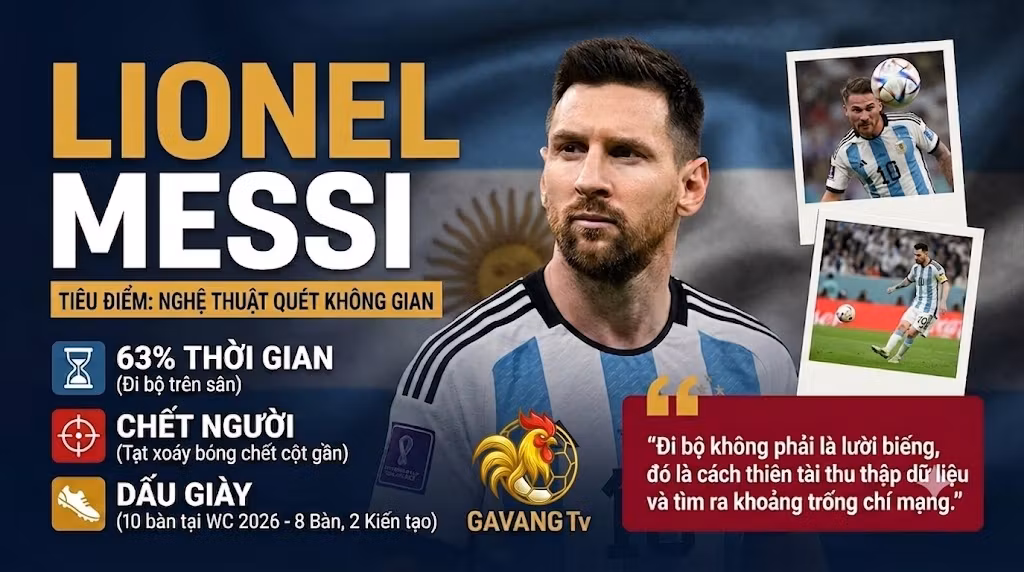 Phân tích chiến thuật nghệ thuật đi bộ và quét không gian của tiền đạo Lionel Messi trong trận Argentina thắng Thụy Sĩ 3-1 tại tứ kết World Cup 2026. Đồ họa thống kê chuyên sâu bởi Gavang TV.
