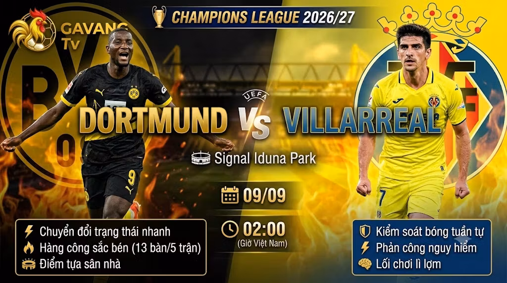 Nhận định bóng đá Dortmund vs Villarreal 02h00 ngày 9/9 vòng phân hạng Champions League 2026/27.
